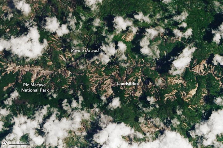 Landsat 8 satellite natural-color image of landslides in and around Pic Macaya National Park in southwestern Haiti 