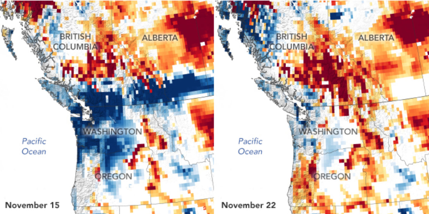 Maps of surface soil moisture from Nov. 15 & Nov. 22, 2021, as measured by the Gravity Recovery and Climate Experiment Follow-On (GRACE-FO) satellites.