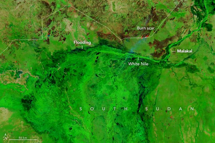 False-color Aqua satellite image of flooding in Sudan