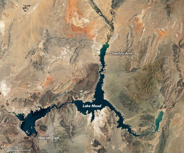 Landsat 8 natural-color satellite image of Lake Mead low water levels on July 3, 2022