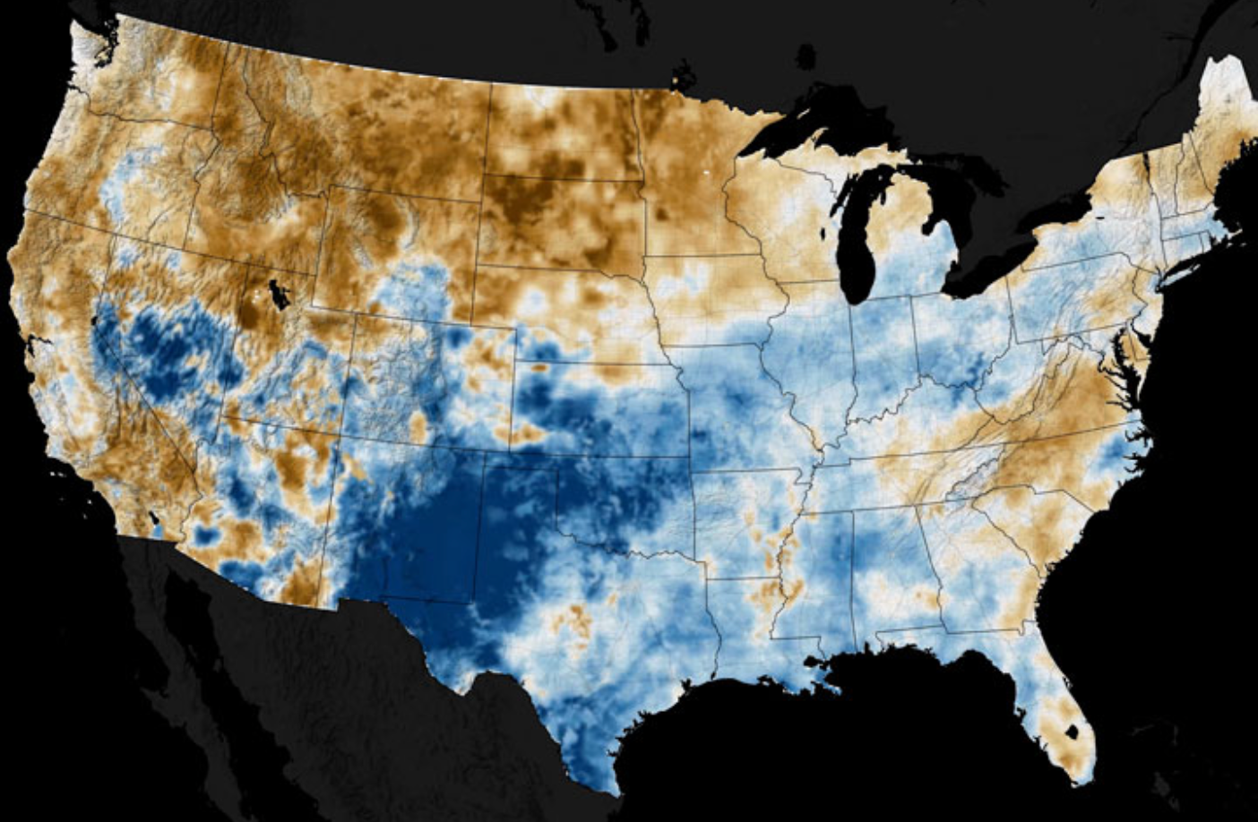 Still from animation, based on data from Crop-CASMA, showing soil moisture anomalies in the top 10 centimeters (4 inches) of the ground across the conterminous United States