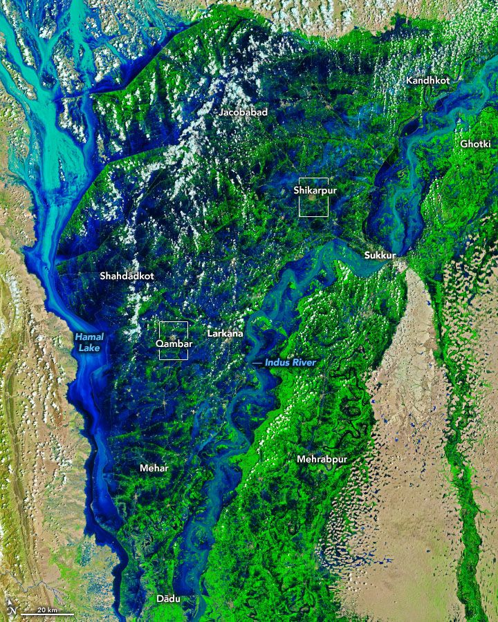 False-color Landsat 9 satellite image of flooding in Pakistan on August 28, 2022