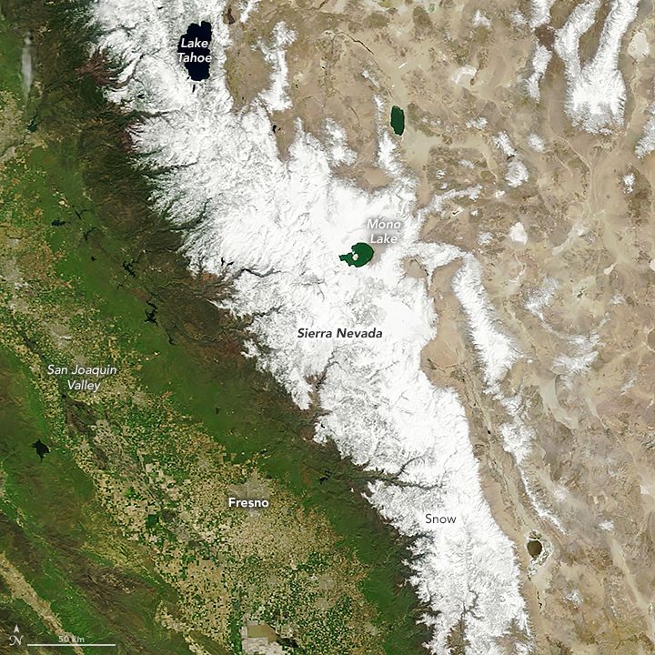 Terra satellite image of snowpack in Sierra Nevada mountain range