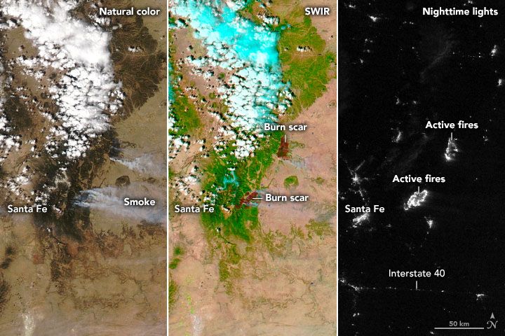 Images of three satellite views of the wildfire area near Santa Fe on April 23.