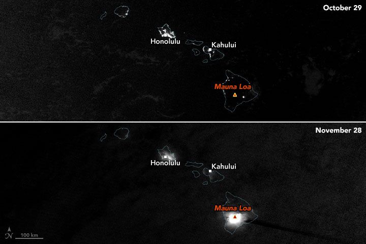 Suomi NPP satellite night images of before and after Mauna Loa eruption