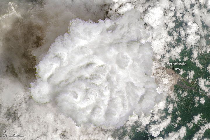 Landsat 9 natural-color image of a volcanic plume streaming from Semeru