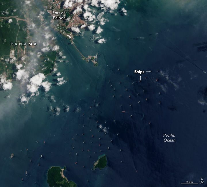Landsat 8 satellite image of ships delayed on the Pacific side of the Panama Canal
