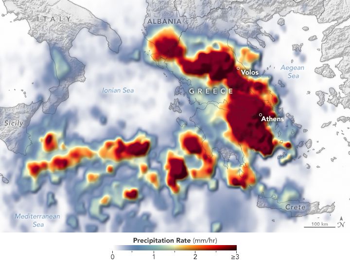 Map of GPM satellite-based estimate of rainfall rates (in millimeters per hour) over Greece for September 6