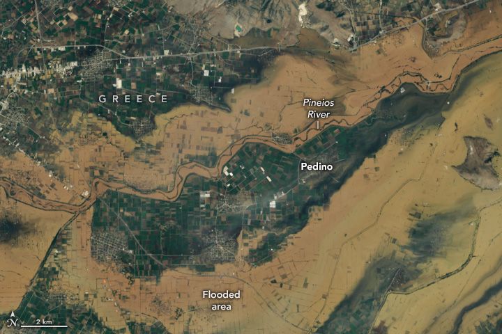Landsat 8 satellite image of flooded fields near the village of Pedino, Greece