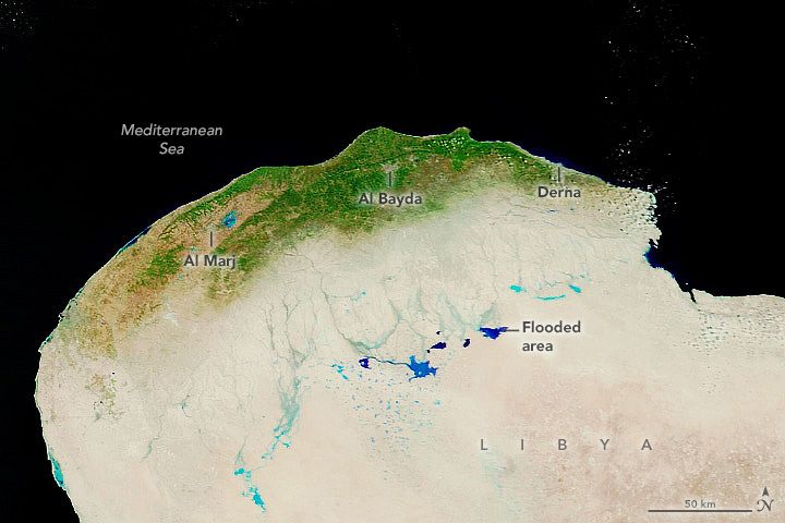 False-color Terra satellite image of flooding in  the Cyrenaica region of Libya