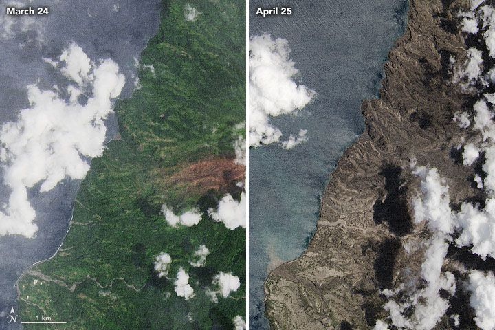 Landsat 8 satellite images of the northwestern part of Saint Vincent, before and after two weeks of powerful eruptions and ashfalls. 