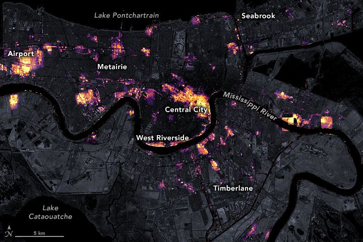 Black Marble image of power outages across New Orleans, LA