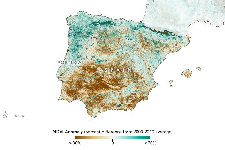 Map of NDVI Anomaly indicating where vegetation on the Iberian Peninsula was less healthy than usual (brown) in spring 2023. 