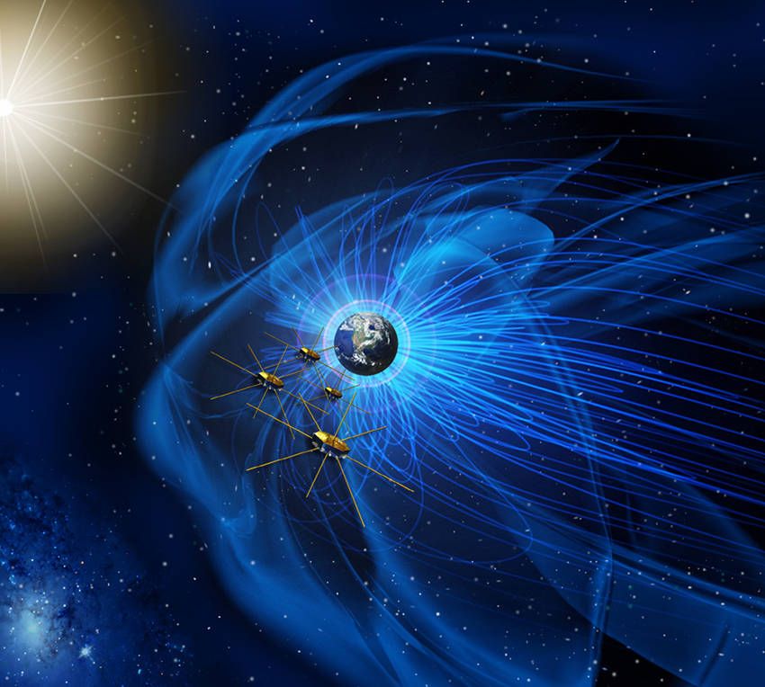  Photo of An artist rendering of the MMS formation flying through Earth's magnetosphere. (not to scale)