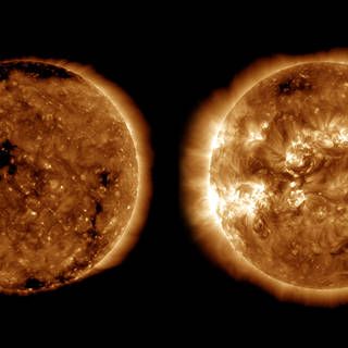 Images from NASA's Solar Dynamics Observatory show the Sun near solar minimum in October 2019 and the last solar maximum in April 2014.