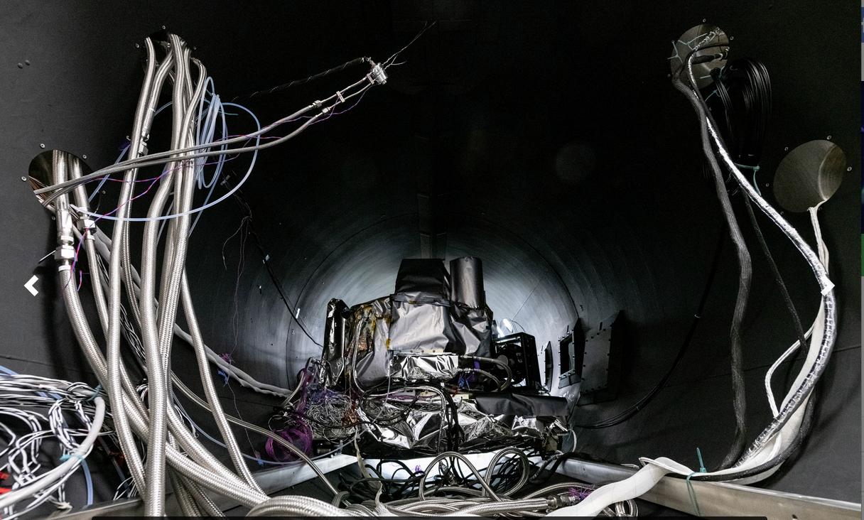 Photo of the Ocean Color Instrument installed in the Thermal Vacuum (TVAC) chamber and prepared for thermal testing. Credit: Mellos, Katherine