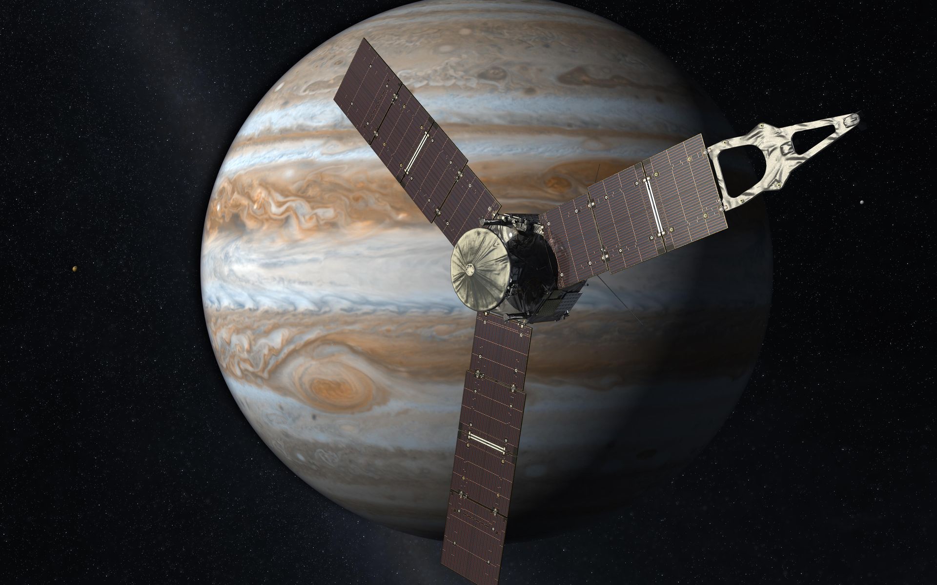 Artist depiction of Juno spacecraft in orbit about the planet Jupiter