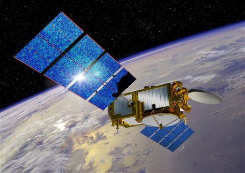 Artist's rendering of the Jason-3 satellite in orbit flying over California