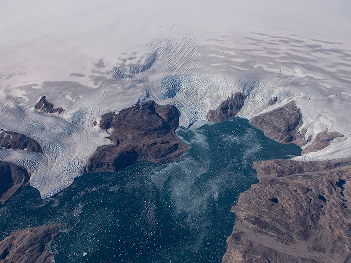 Photo of Bruckner and Heim glaciers in eastern Greenland, Operation IceBridge, Sept 2016
