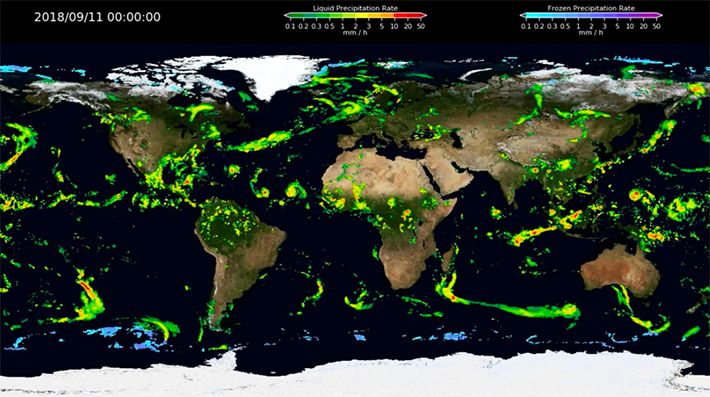 IMERG GPM image of global map of precipitation rates 