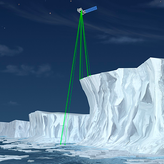 Artist illustration of ICESat-2 lasers measuring ice shelf