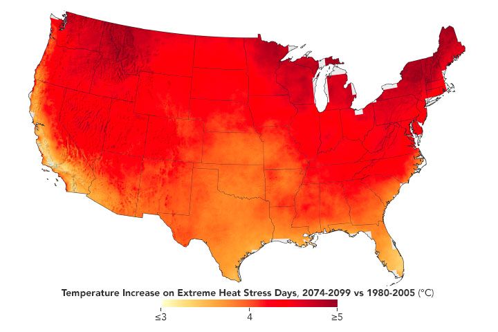 U.S. map depicting modeled temperature increase on extreme heat stress days 2074–2099