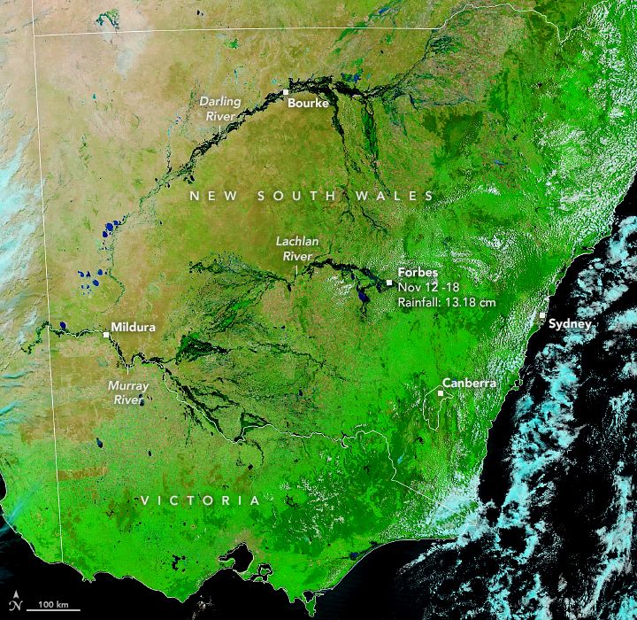 False-color Terra satellite image of flooding in Australia