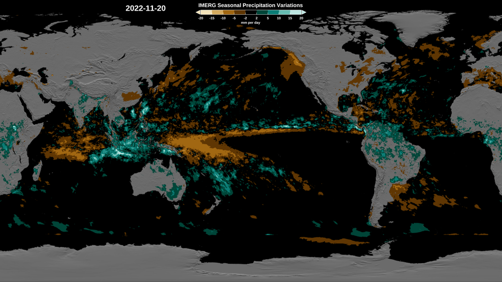 Image of the global precipitation variation from Integrated Multi-satellite Retrievals for GPM (IMERG) data, from Nov. 20, 2022.