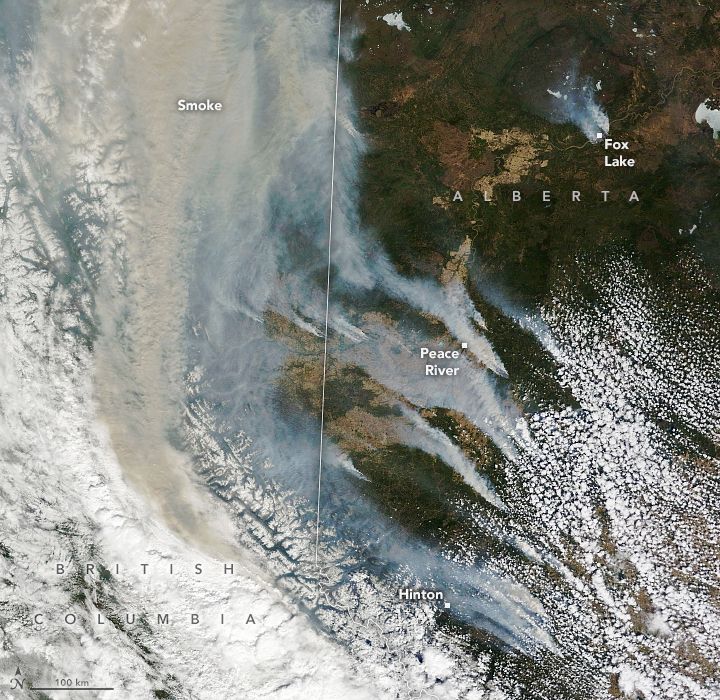 The Moderate Resolution Imaging Spectroradiometer (MODIS) on NASA’s Terra satellite acquired this image (above) of smoke billowing from fires in the two Canadian provinces on May 6, 2023.