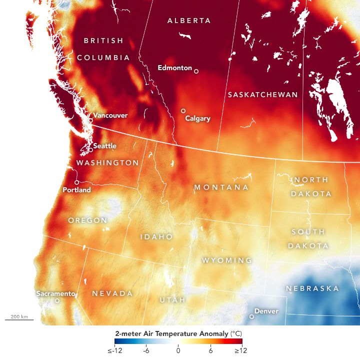 Map of western United States map derived from the Goddard Earth Observing System (GEOS) model depicting above average air temperatures at 2 meters 