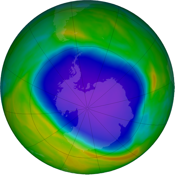 False-color view of total ozone over the Antarctic pole on 10/23/2021