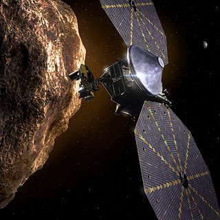 Artist's conception of Lucy orbiting an asteroid