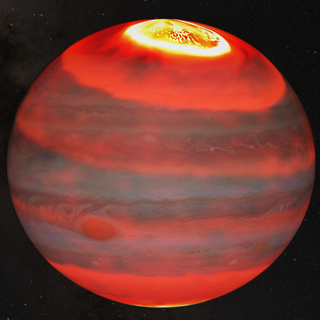 Jupiter is shown in visible light for context underneath an artistic impression of the Jovian upper atmosphere's infrared glow