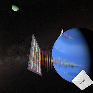 Illustration of multiple solar sail ScienceCraft gathering light spectra from Neptune’s moon Triton.