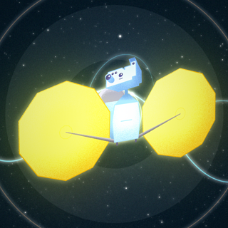 Lucy spacecraft poses in front of the orbit trajectory for her 12-year mission to study the Trojan Asteroids.