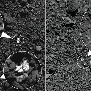 side-by-side images that show fragments of asteroid Vesta present on asteroid Bennu’s surface