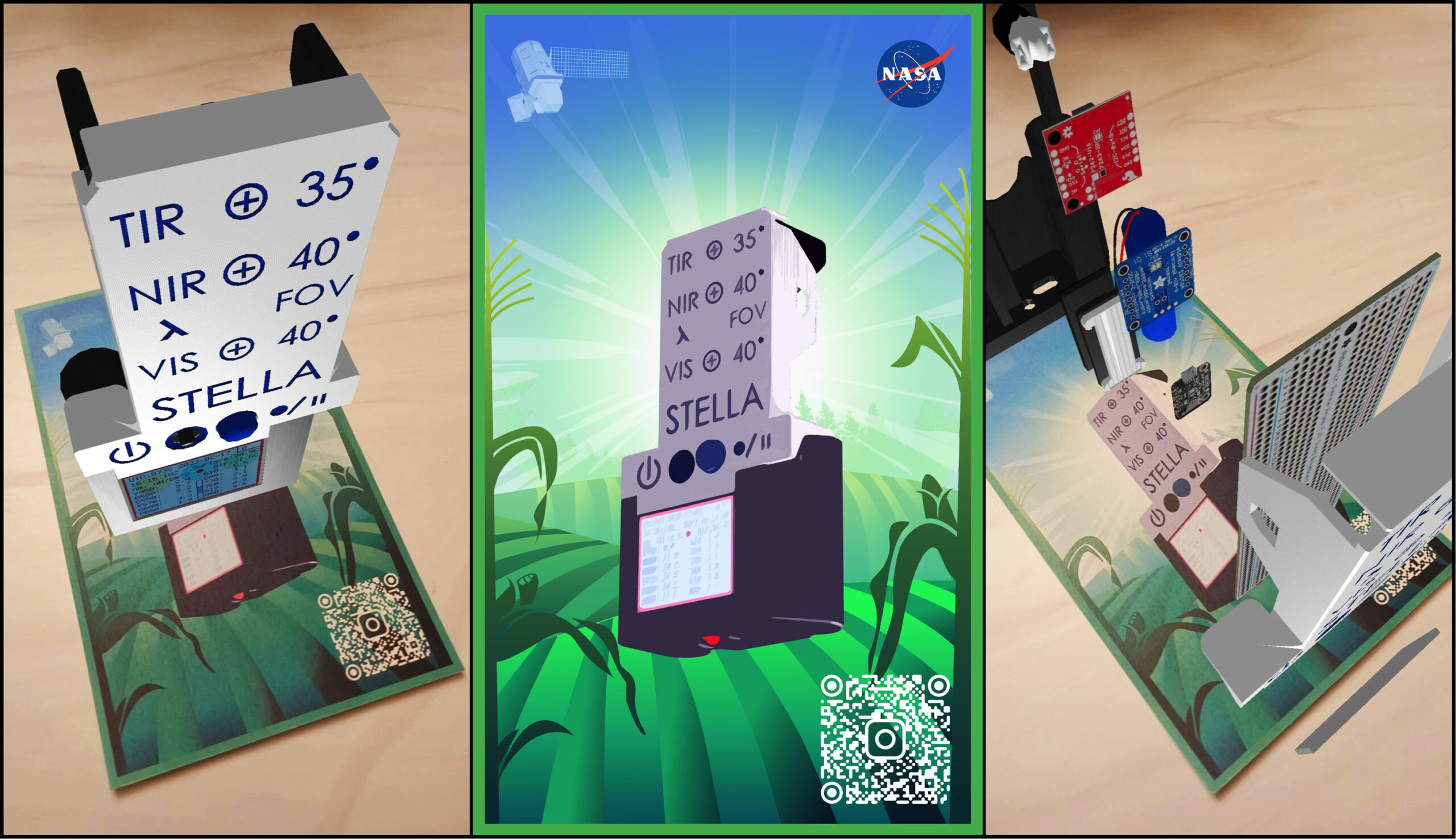 The STELLA augmented reality (AR) promotional card (center) allows users to scan a QR code and view a 3D STELLA model on Instagram (left). The 3D model can then be exploded by tapping the phone screen to view the primary components of the spectrometer (right).