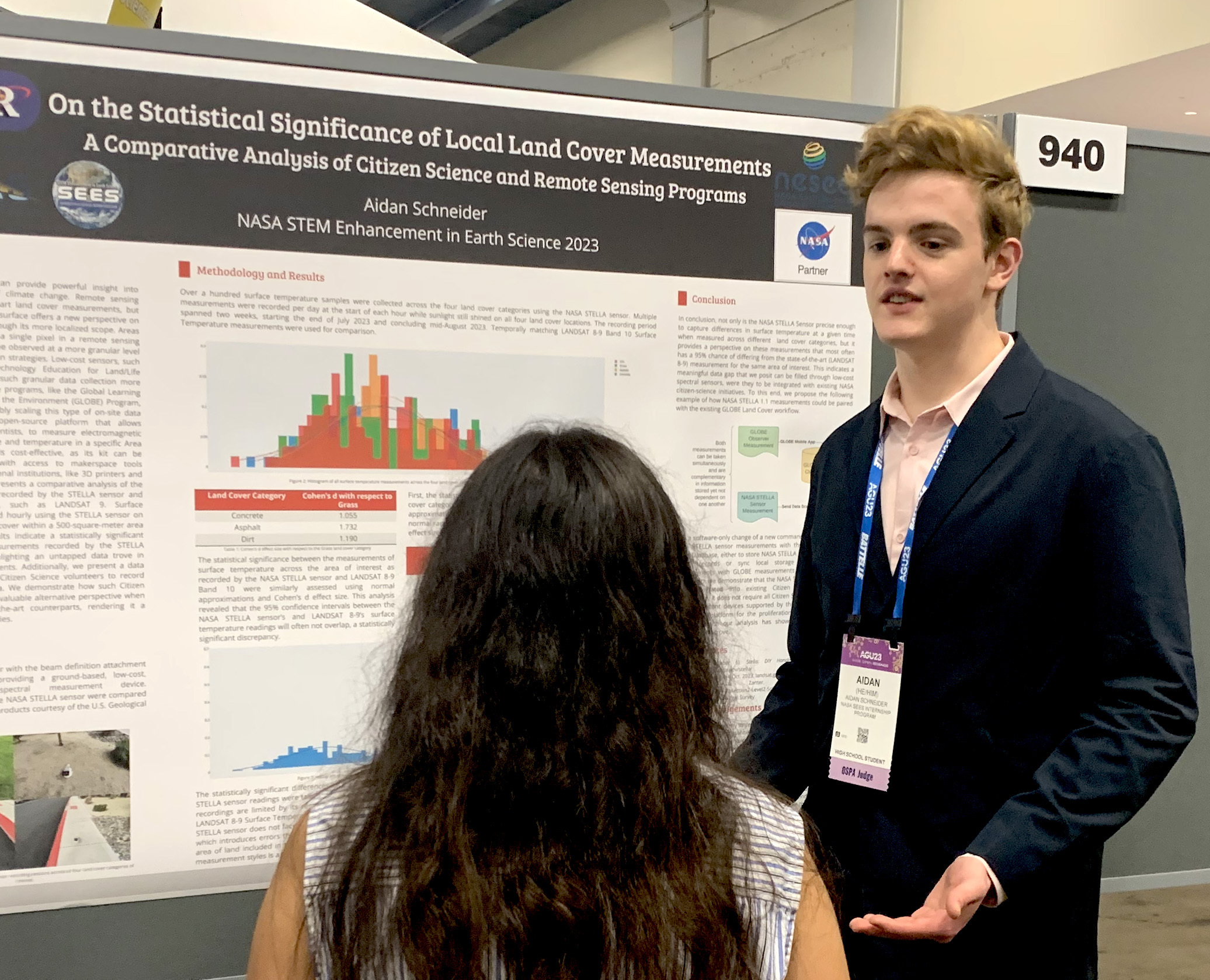 College student Aidan Schneider presenting his poster about the Statistical Significance of Land Classification at AGU2023