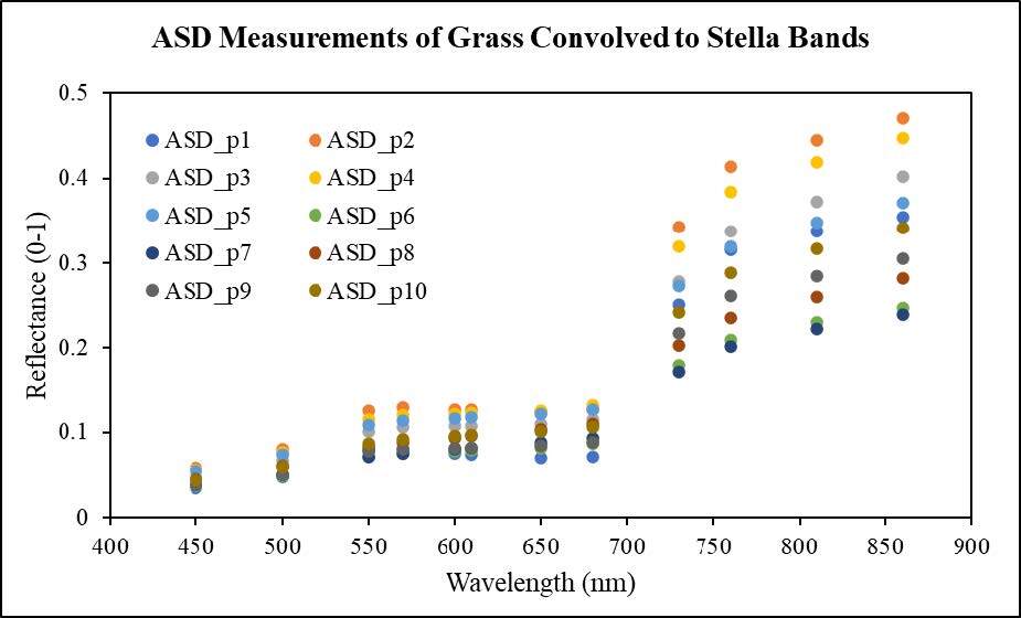Grass ASD reflectance measurements convolved to Stella bands